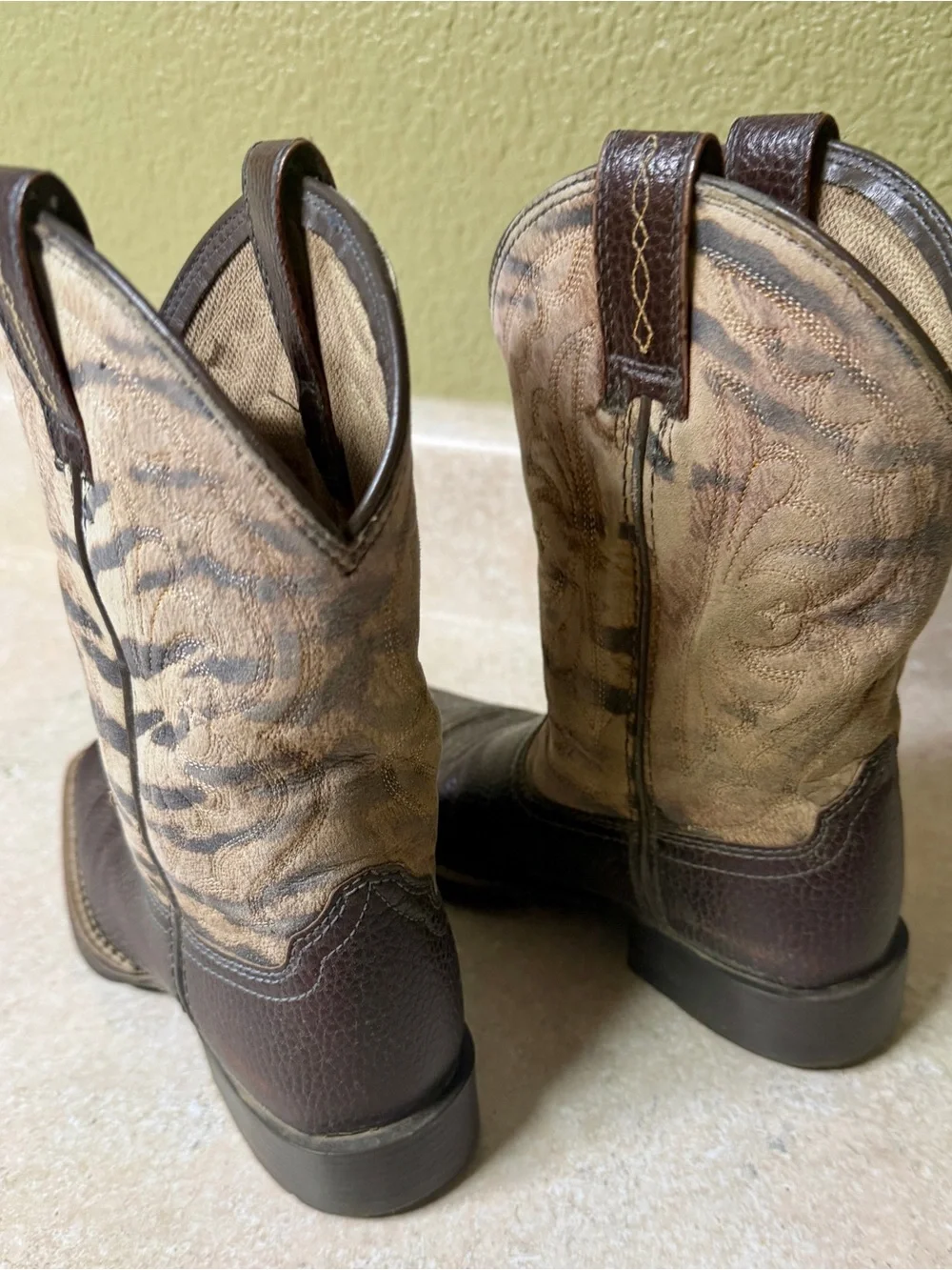 Girls Brown Leather Western Cowboy Boots with Tan tiger print Embroidered Shaft